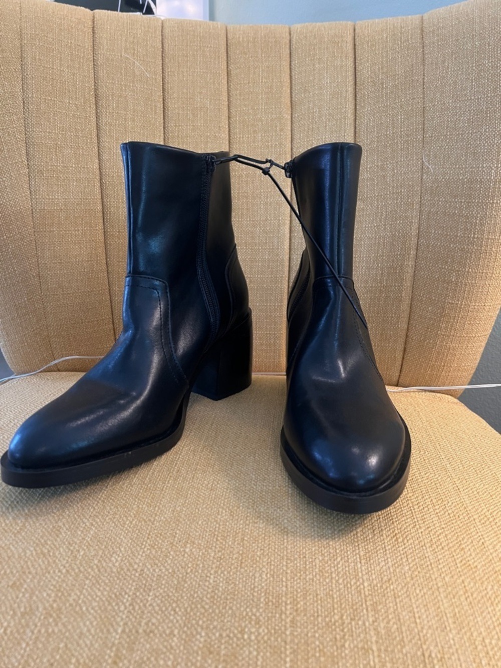 Classic Black Leather Mid-Calf Block Heel Boots